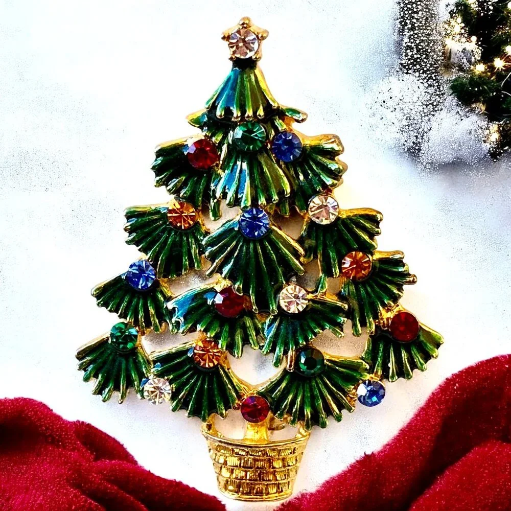 EISENBERG ICE Vintage Christmas Tree Brooch Green Enamel & Rhinestones Signed